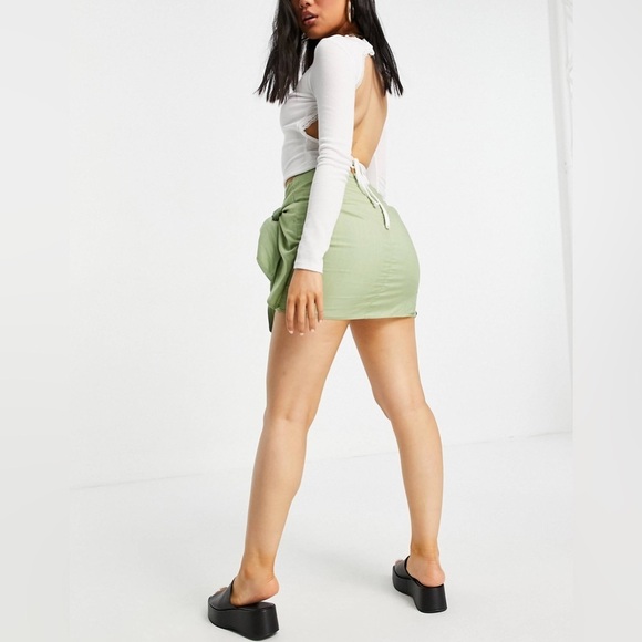 NWOT ASOS Design Sage Green MINI SKIRT WITH KNOT WRAP DETAIL sz 2 - Picture 3 of 10